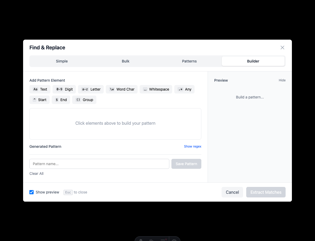 Pattern Builder empty state - Shows element buttons for Text, Digit, Letter, Word Char, Whitespace, Any, Start, End, and Group