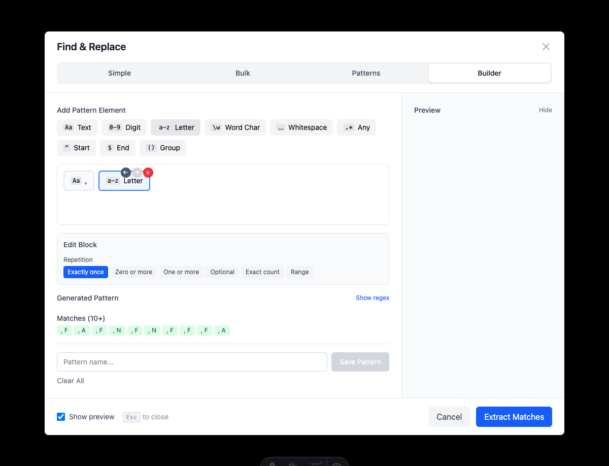 Pattern Builder with pattern - Shows a pattern being built with Text and Letter elements, repetition options, and live match preview