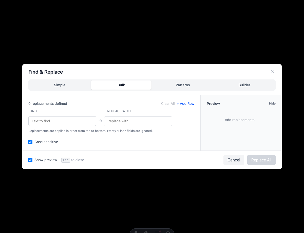 Bulk Mode empty state - Shows the Bulk tab with Find and Replace With columns, Add Row button, and preview panel
