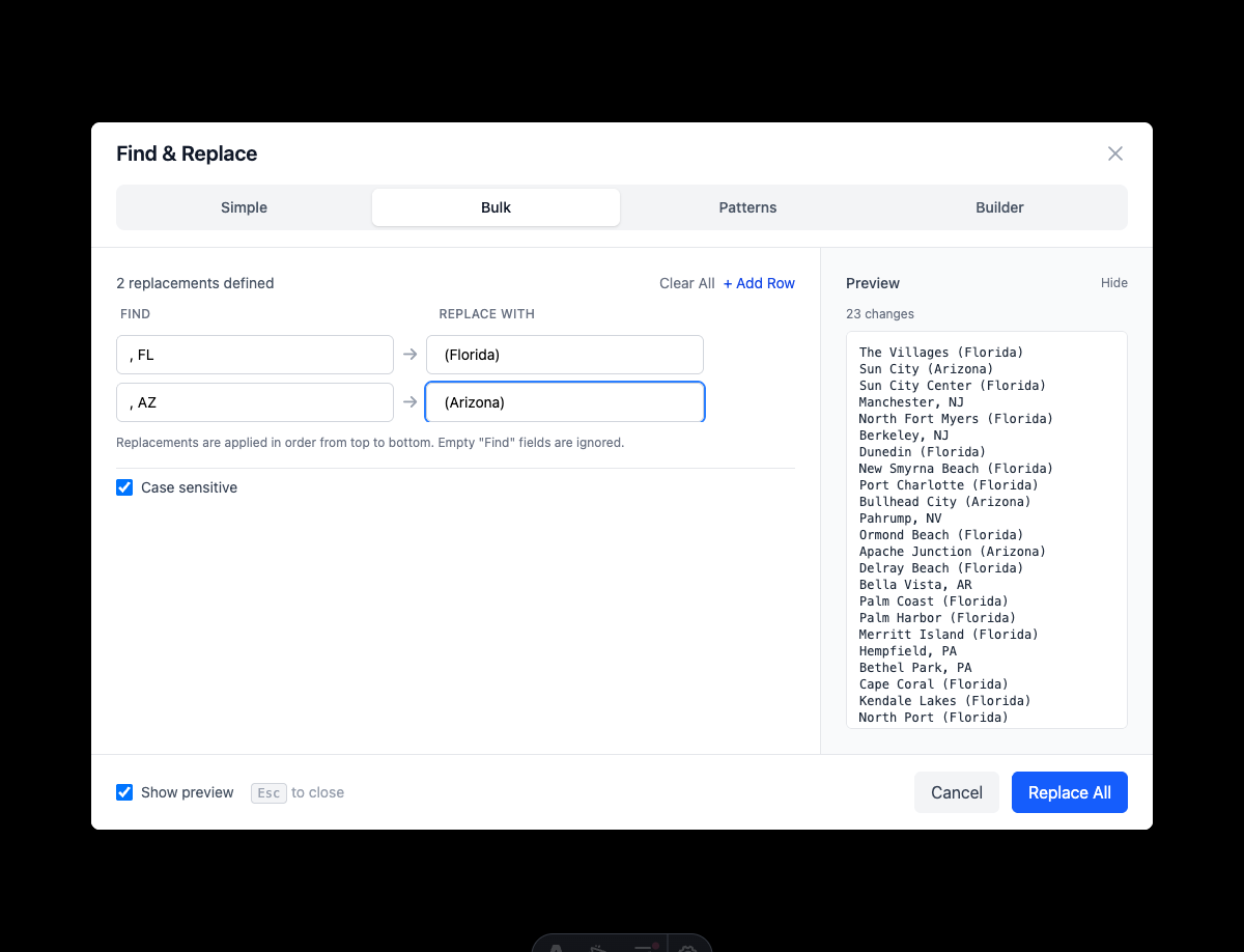 Bulk Mode with multiple replacements - Shows 2 replacement pairs converting state abbreviations to full names with 23 changes in preview