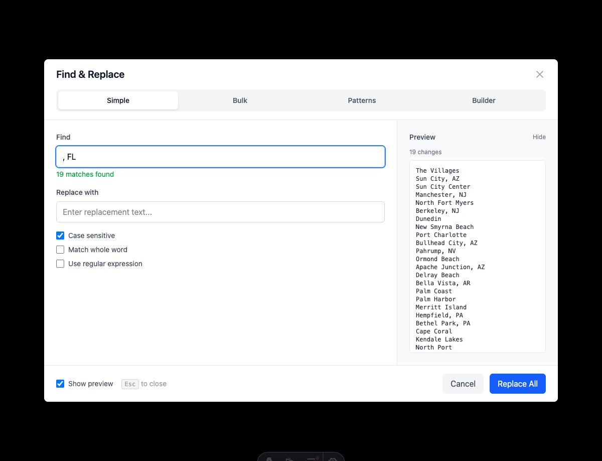 Find and Replace with matches - Shows 19 matches found for ", FL" with a live preview of affected lines