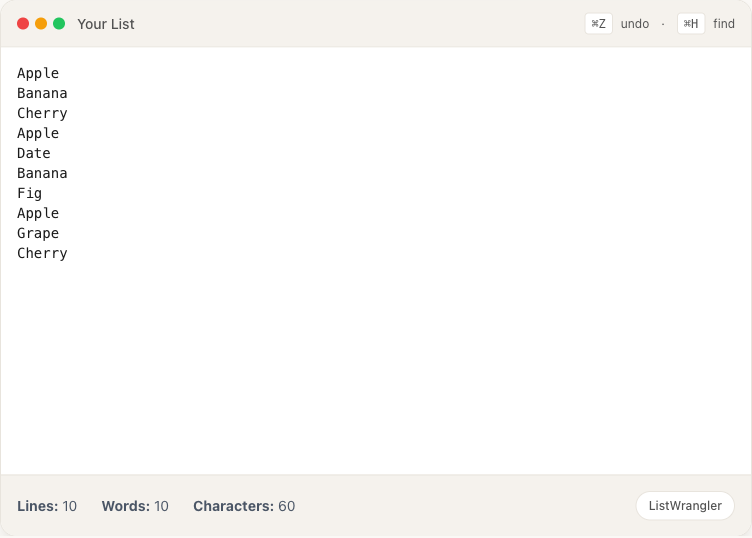 Step 1: A list with duplicate entries showing 10 lines
