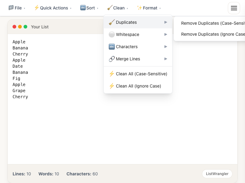Step 2: Clean menu showing Duplicates submenu with removal options