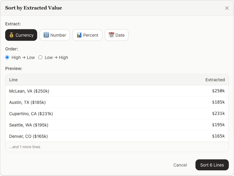 Step 3-4: Extraction panel with preset selection and sort order